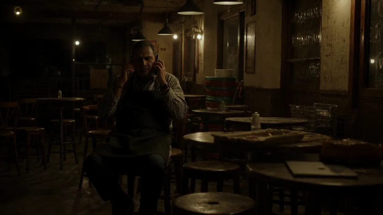 A restaurant owner on the phone sits alone in his dim dining room late at night.