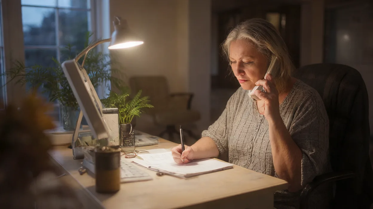 A woman on the phone at a home-office desk in the evening, taking notes on a printed list of questions under a desk lamp.