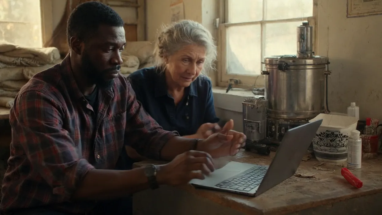 A coffee roaster and a developer test an online order on a laptop at a table in the roastery.