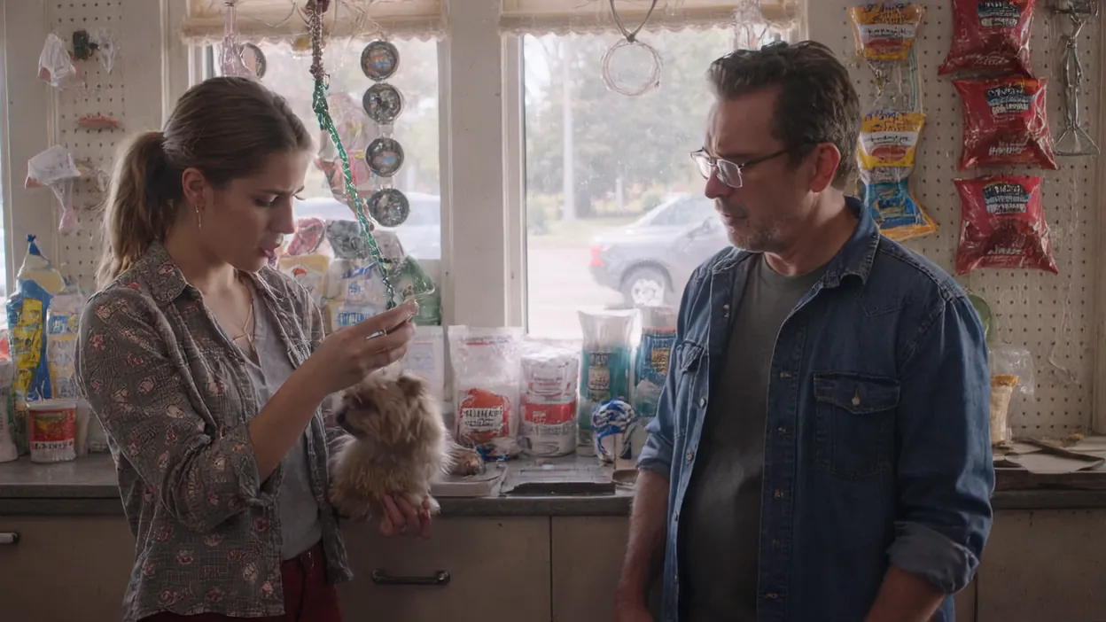 A customer holding her small dog talks with the owner at a pet grooming counter.