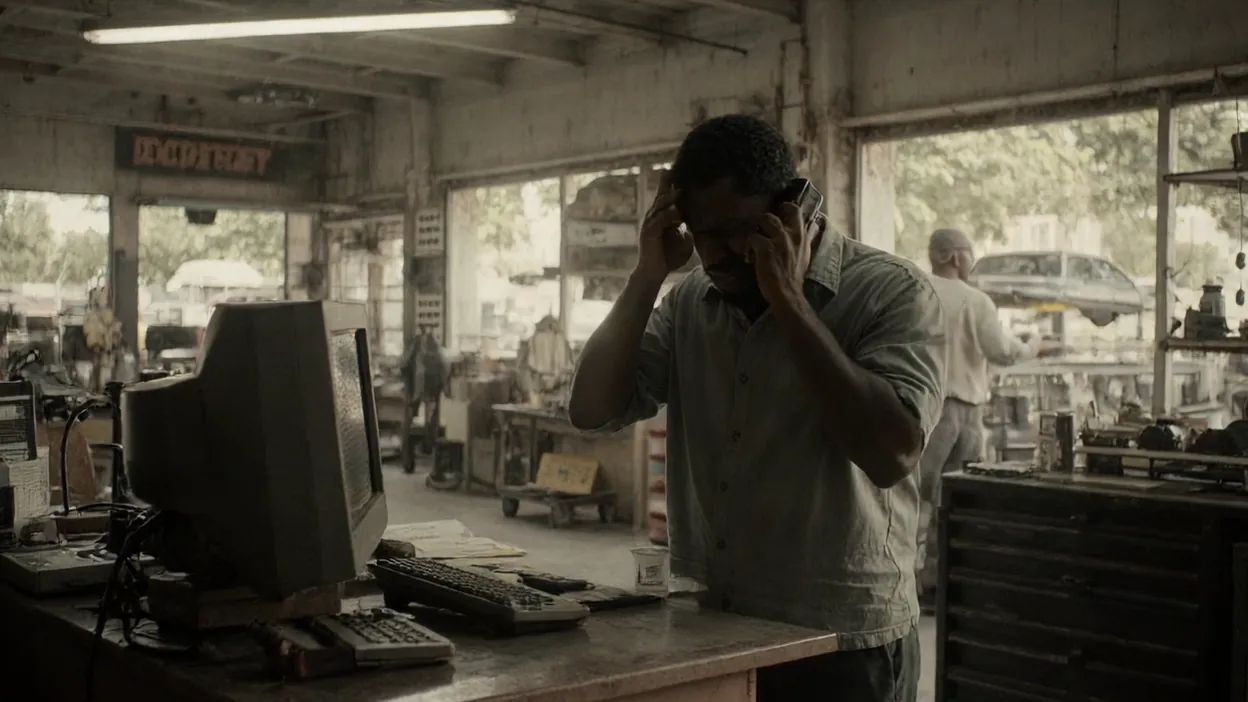 An auto repair shop owner holds his phone to his ear with a frustrated look at the shop counter while a mechanic works in the bay behind him.