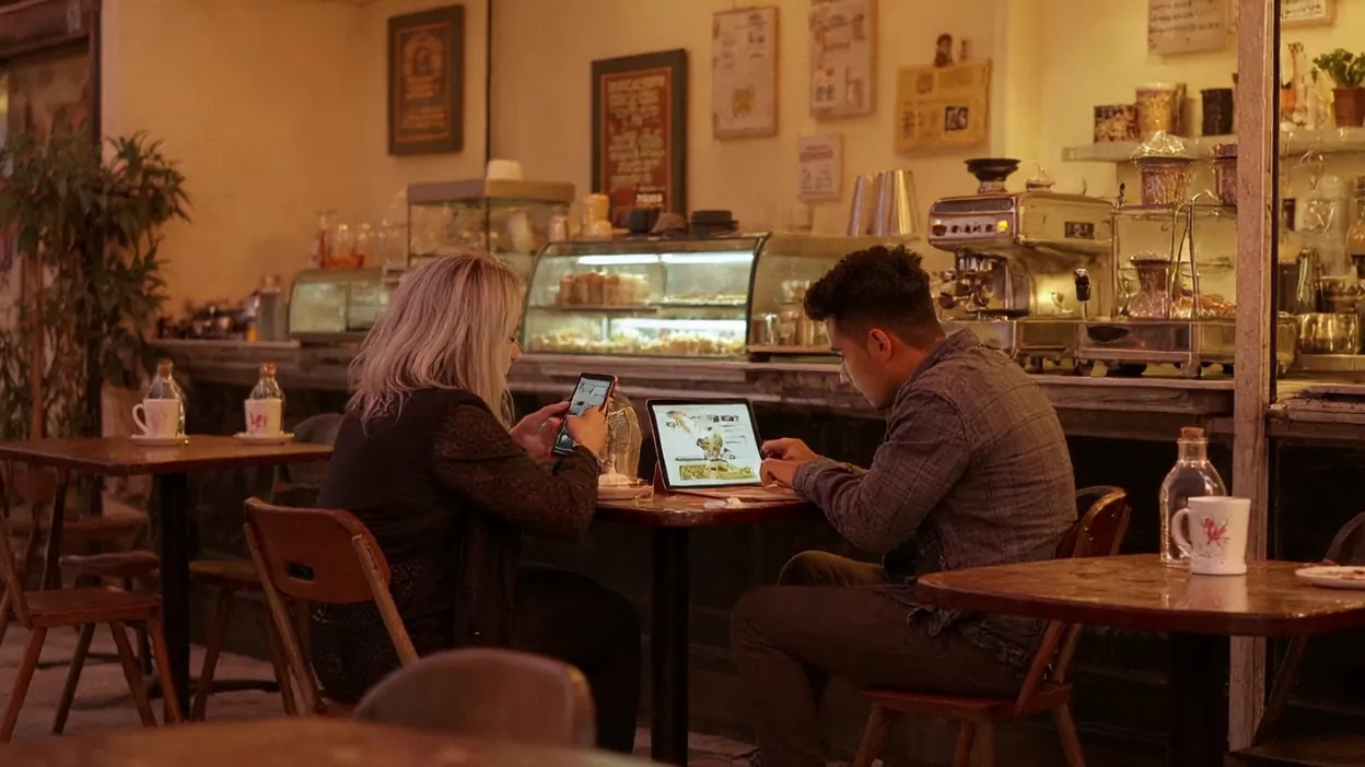 A café owner and a developer try a website on a phone and a tablet at a table in the café.