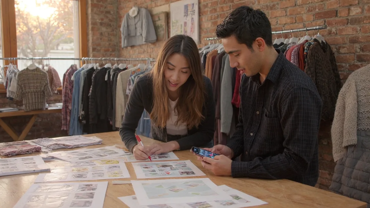 A boutique owner and a designer mark up printed page layouts spread across a wooden table in a brick-walled clothing shop.