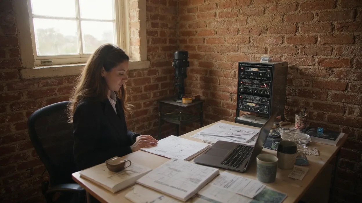 A designer works at a drafting table covered in sketches in a brick studio, with a cabinet of equipment along the wall beside her.