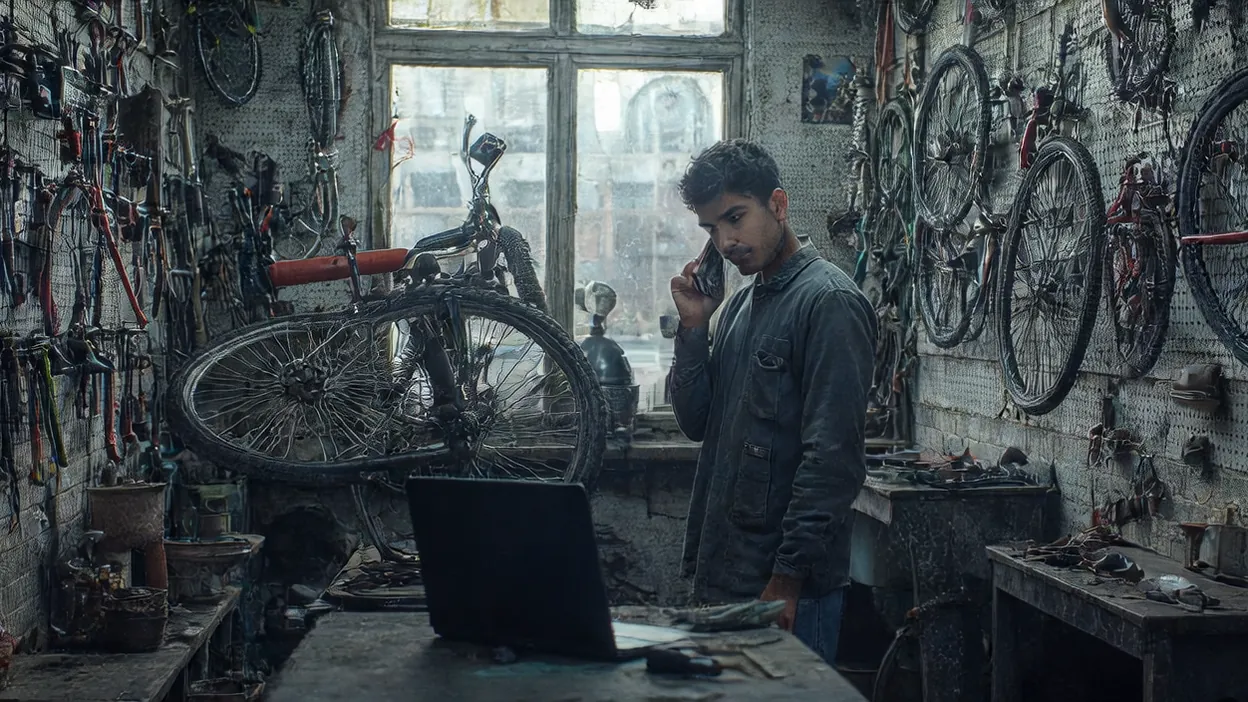 A young bike shop owner talks on his phone in his cluttered repair shop, wheels and tools hanging on pegboard walls and a bicycle by the window.