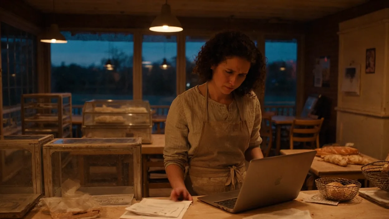 A bakery owner frowns at a laptop and a stack of invoices on the counter after closing, evening light in the windows.