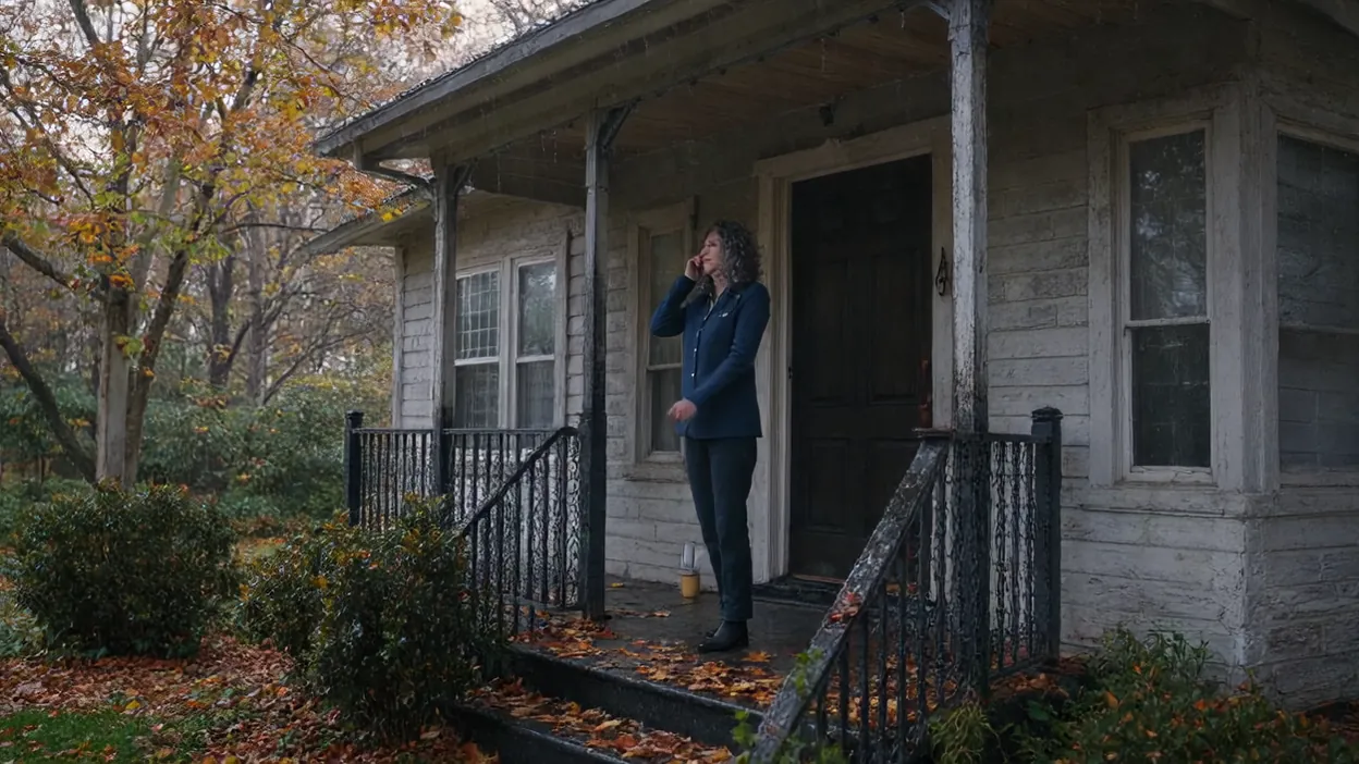 A homeowner on her front porch makes a phone call on an autumn afternoon.
