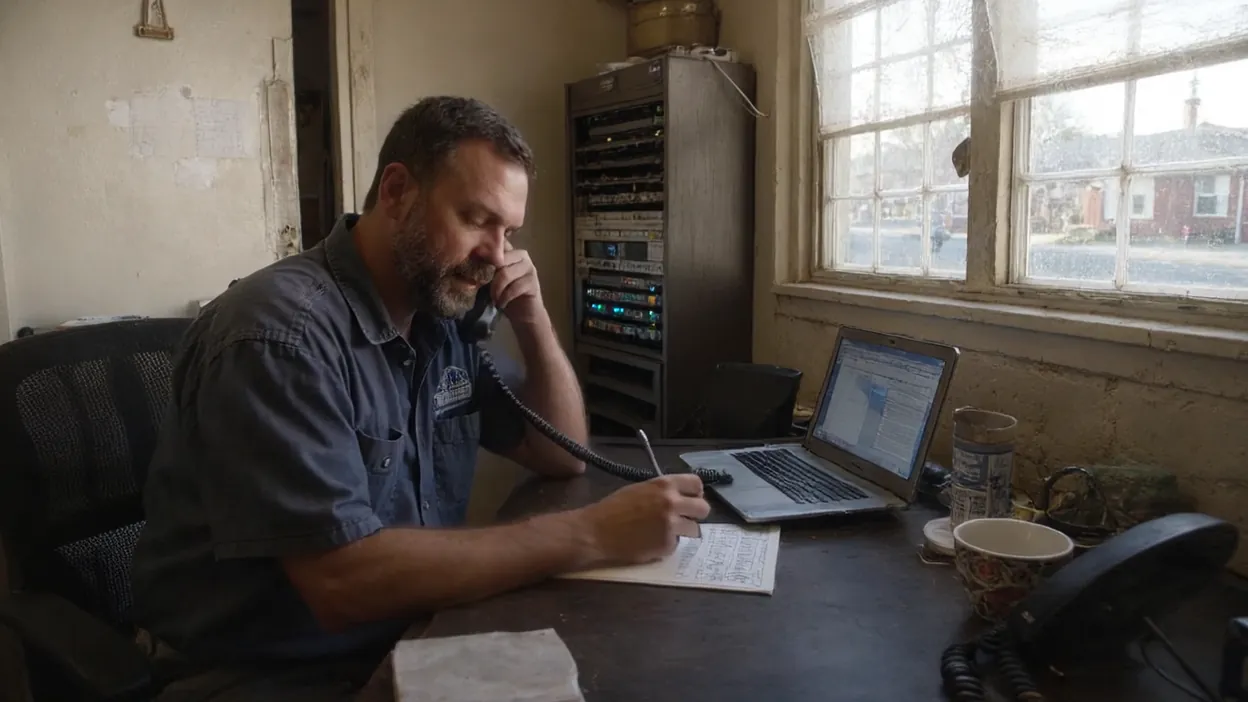 A hosting company owner on the desk phone takes notes, a small server rack behind him.