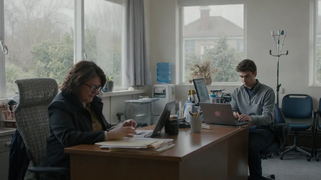 An office manager looks over papers at her desk while a technician works on a laptop across the room.
