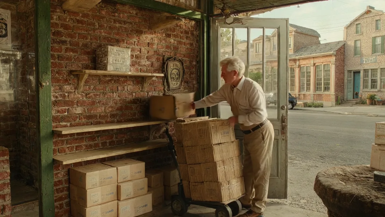 An older store owner unloads boxes from a hand truck onto empty shelves in a brick storefront, the door open to a small-town street.