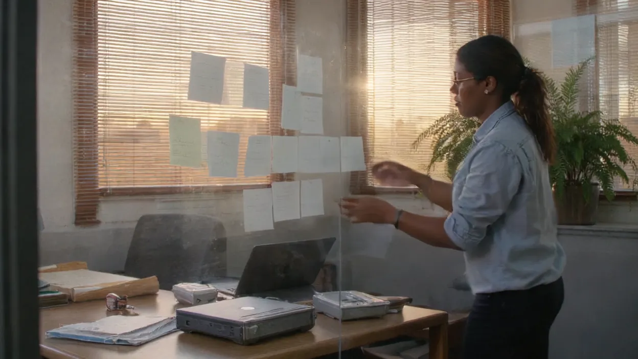 A woman arranges sticky notes on a glass wall in a small office.