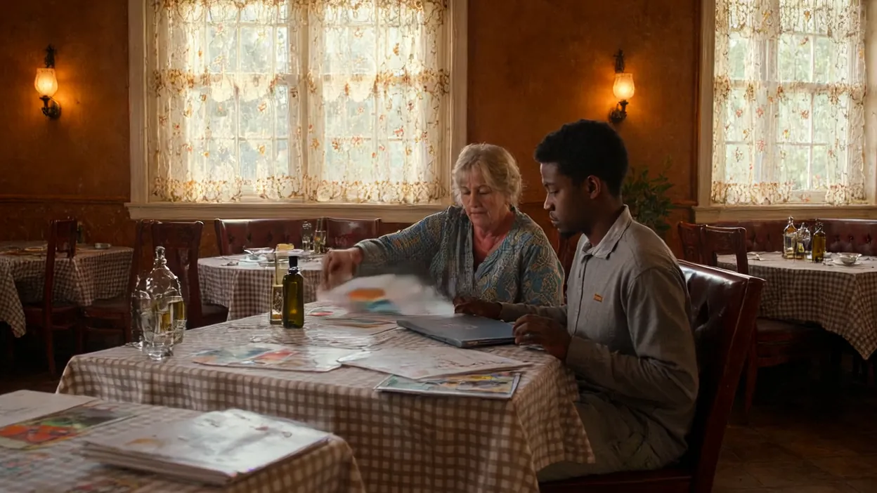 A restaurant owner and a web developer go over printed pages at a checkered-cloth table in an empty dining room.
