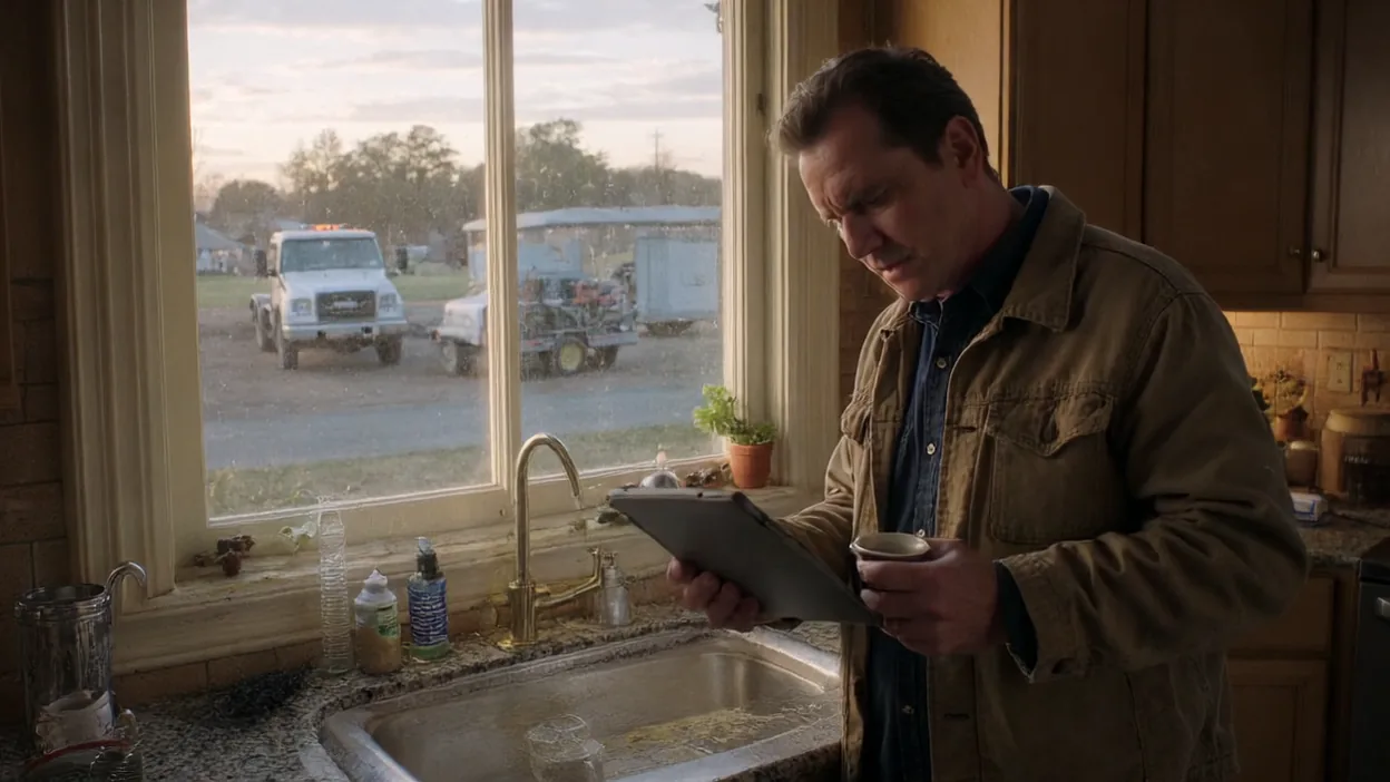 A landscaping business owner checks a tablet with his morning coffee at the kitchen window, work trucks parked outside.