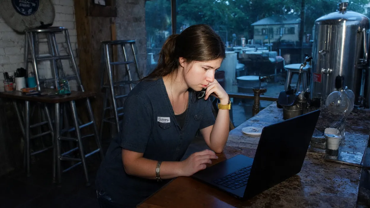 A brewery manager waits on the phone at a laptop in the taproom, brewing tanks behind her.