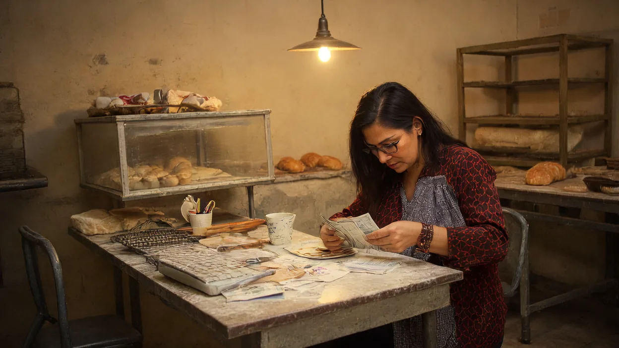 A bakery owner sorts through bills and receipts at a floury table after closing, a calculator and pastry case beside her.