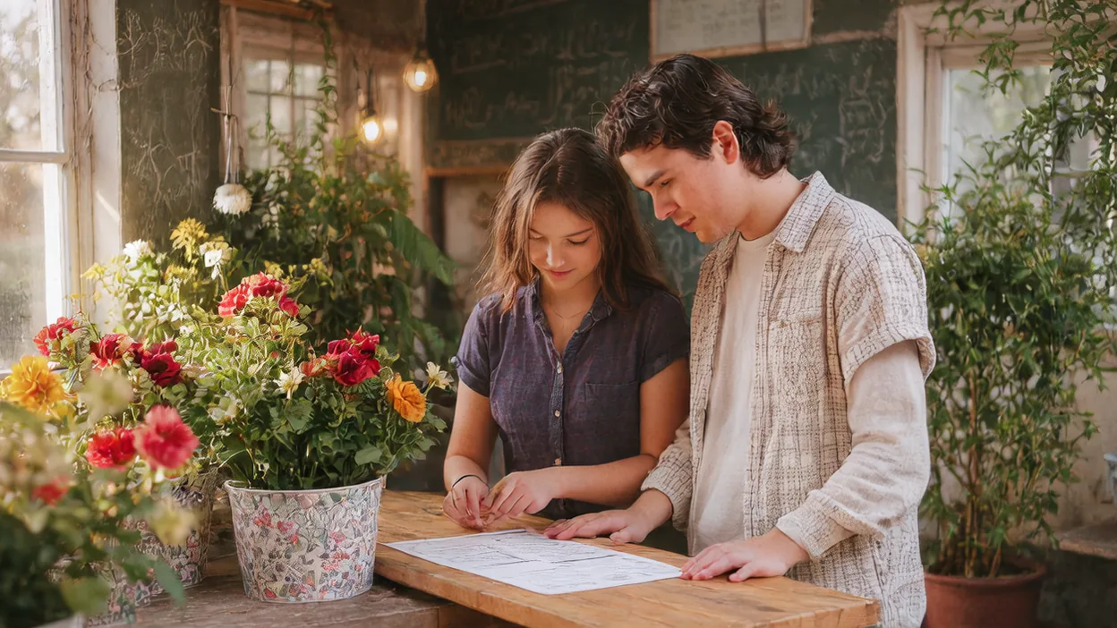 A young couple stands at the wooden counter of their flower shop reading a printed checklist together, potted flowers beside them.