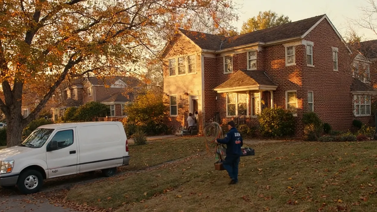 An HVAC technician carries his tools up a driveway to a brick house, his van parked at the curb.