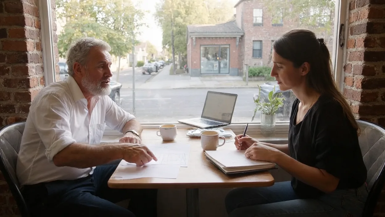 A freelance designer talks through notes with a client at a café table by a window looking onto a brick street.