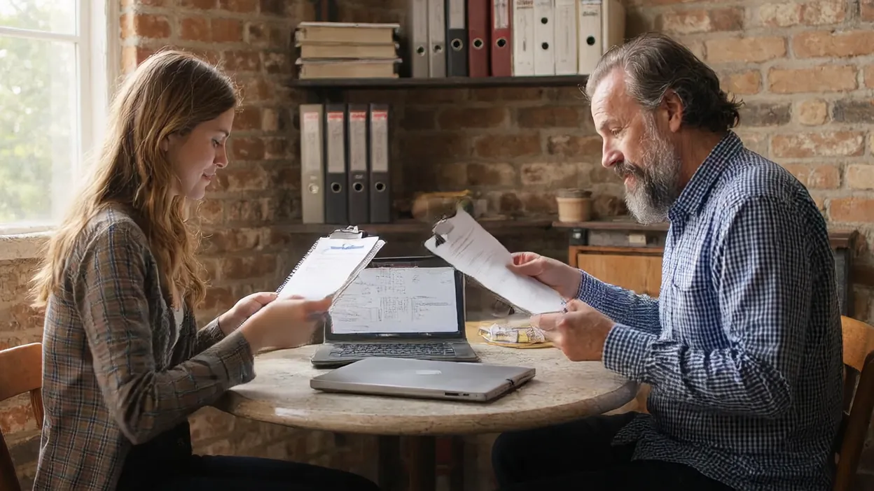 A project lead reviews a printed checklist with a client at a round table in a brick office.
