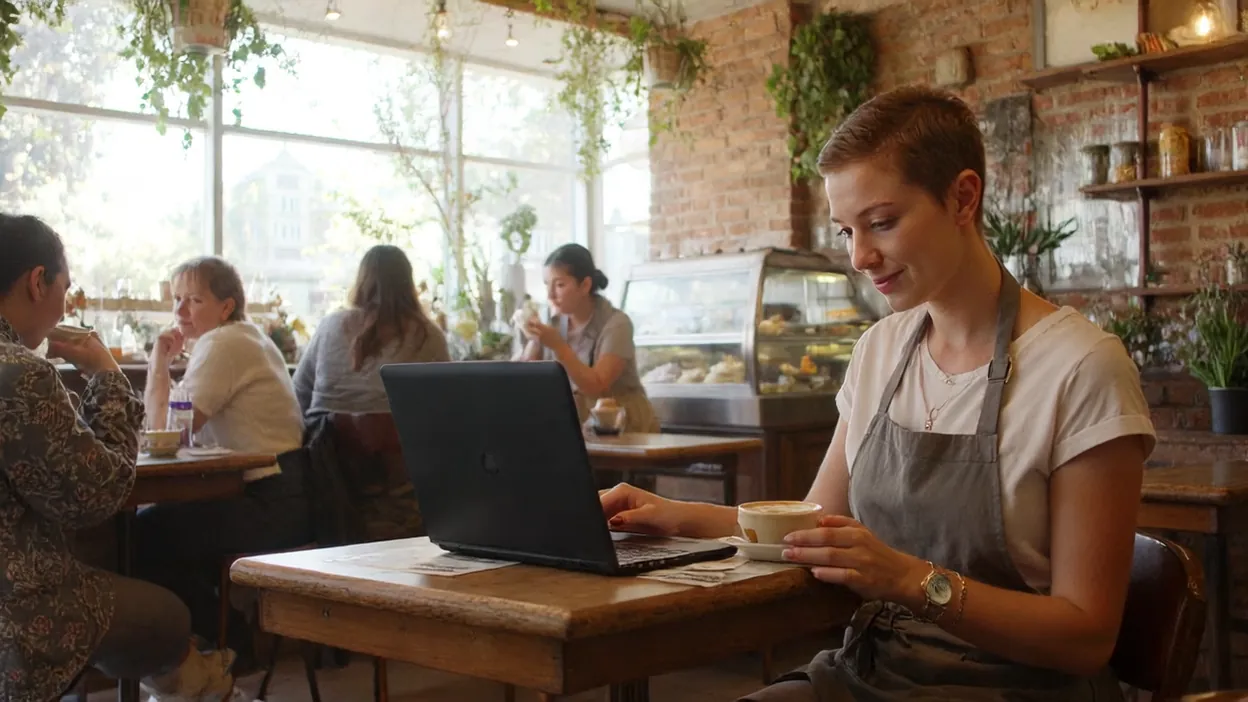 A coffee shop owner in an apron works on a laptop at a corner table while customers sit nearby.