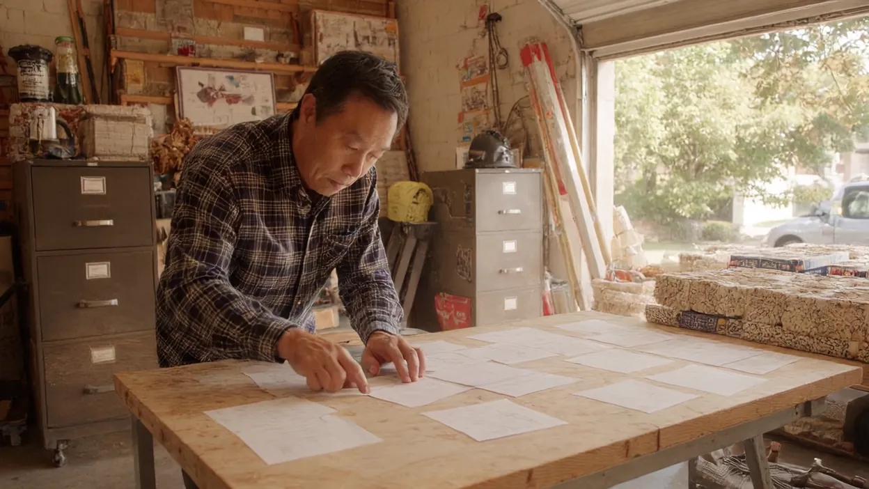 A roofing company owner lays out index cards on a worktable in his shop.