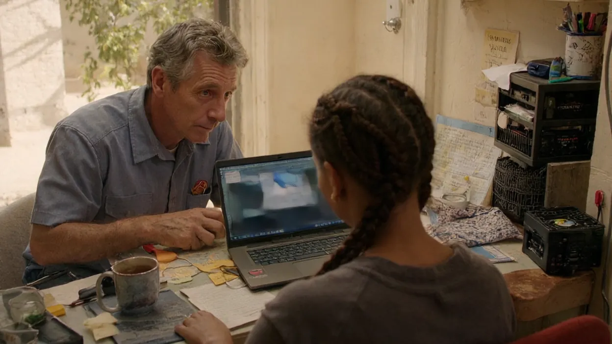 A support technician works on a laptop while a salon owner sits across the table watching.