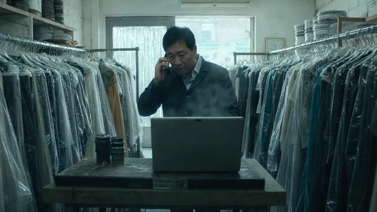 A dry cleaner owner on the phone stands at a laptop among racks of bagged clothes.