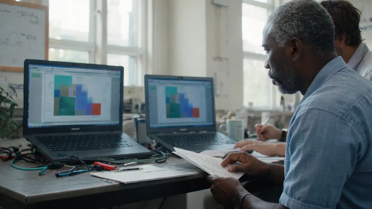 A developer compares two laptops side by side on a workbench while a colleague takes notes.