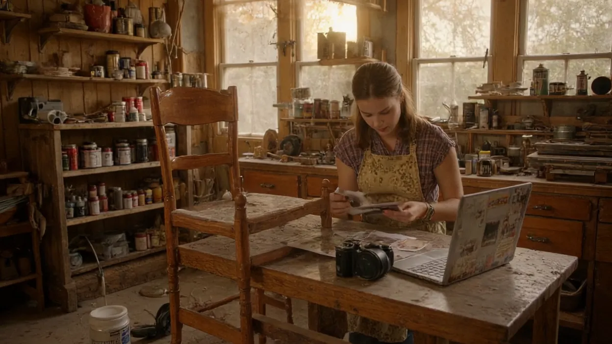 A furniture refinisher sorts printed product photos at a wooden table beside a laptop and camera in her workshop.