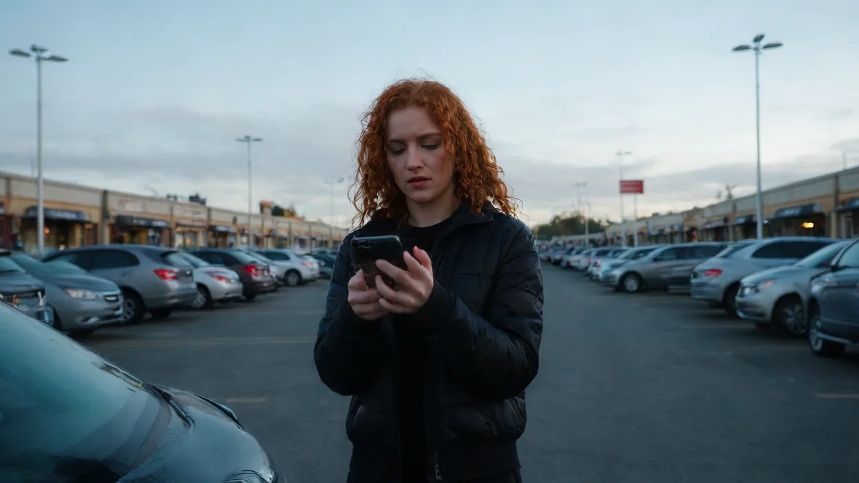 A woman in a shopping center parking lot looks impatiently at her phone.