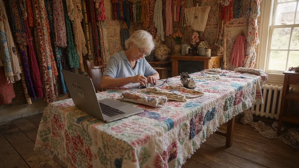 A quilt shop owner works at her cutting table beside a laptop, fabric bolts hanging behind her.