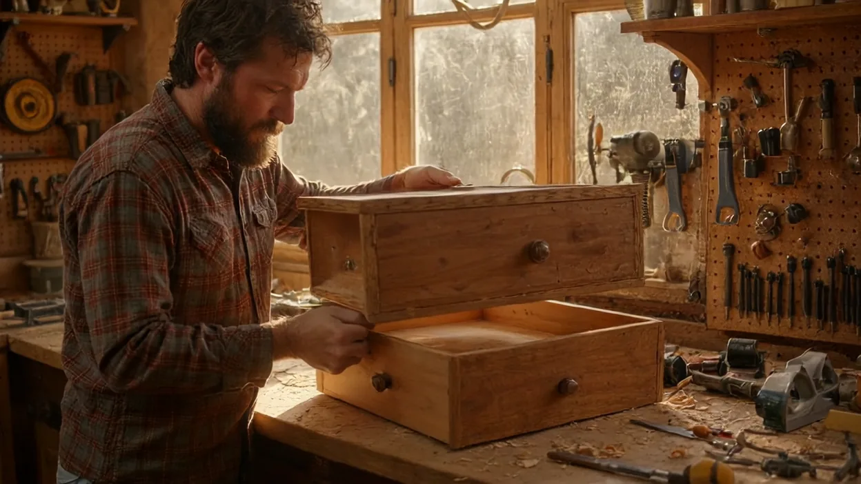 A bearded woodworker in a plaid shirt lifts a wooden drawer off a second drawer on his workbench, tools hanging on pegboard behind him.